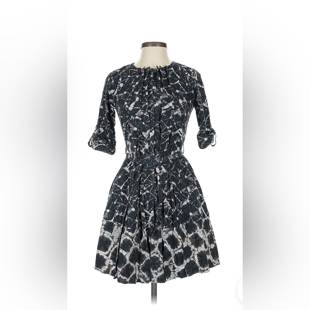 Thakoon Abstract Print Fit and Flare Dress Black White Pleated Cotton Size S